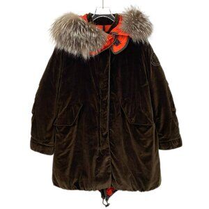 Moncler Brown Velvet Parka With Fur Trim & Orange Lining